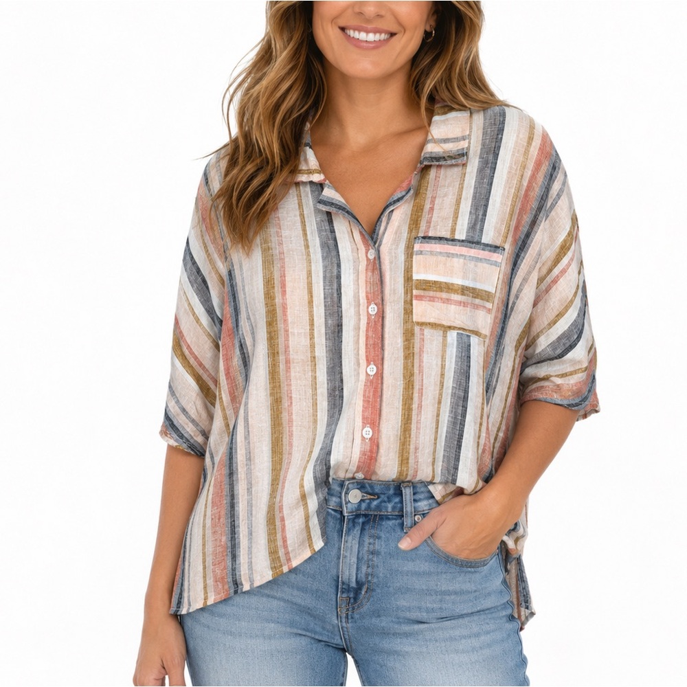 Garnet Hill Linen Blouse Size 8 Stripes Button Lagenlook Breathable Beach Relax